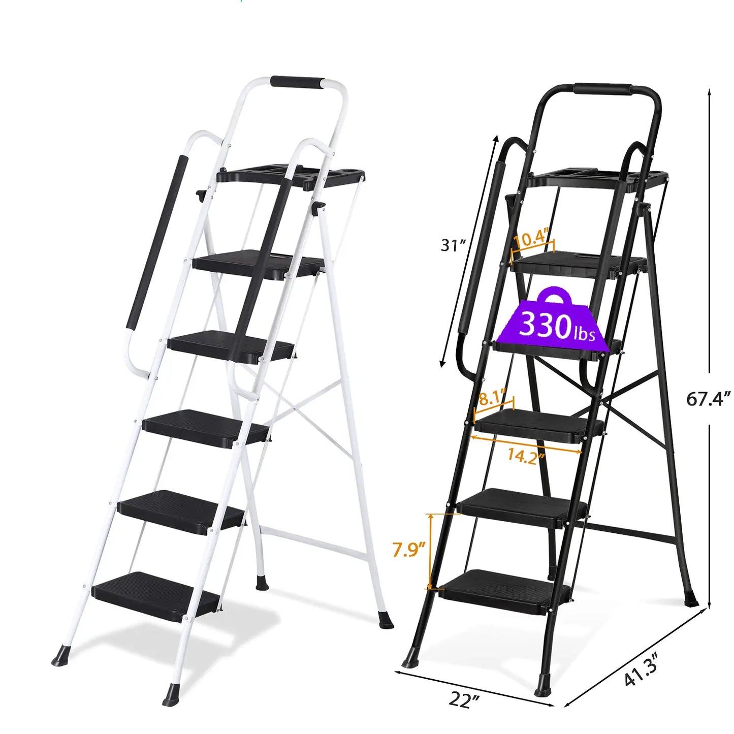 3/4/5 Step Folding Steel Ladder, Non-Slip Stool with Handrails & Tool Tray