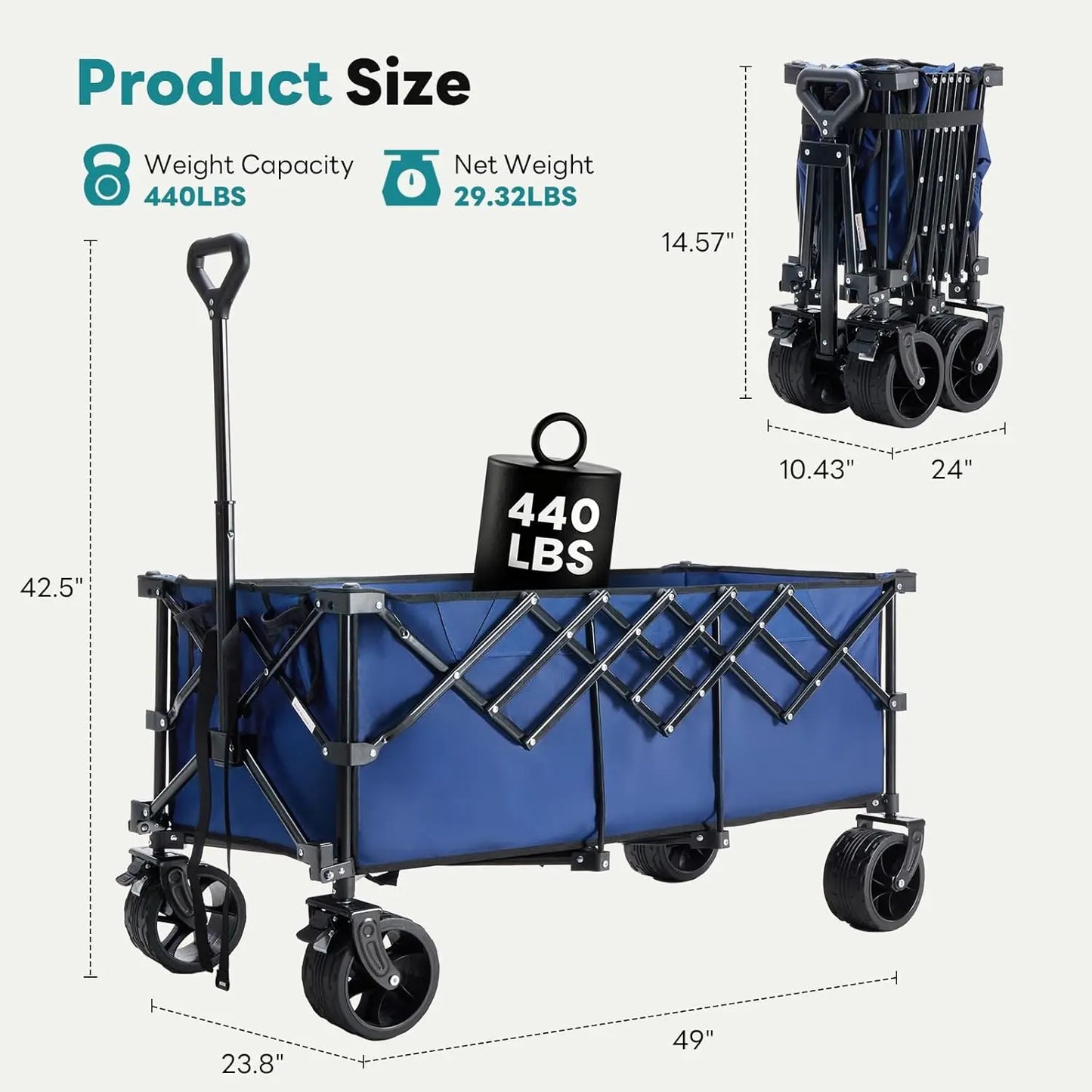 🔥🔥🔥Super Heavy‑Duty Folding Wagon, 300L Large Space 180KG Capacity Utility Cart with 7 Wheels for Camping & Gardening
