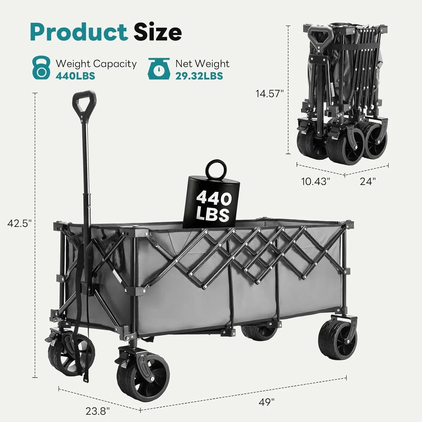 🔥🔥🔥Super Heavy‑Duty Folding Wagon, 300L Large Space 180KG Capacity Utility Cart with 7 Wheels for Camping & Gardening
