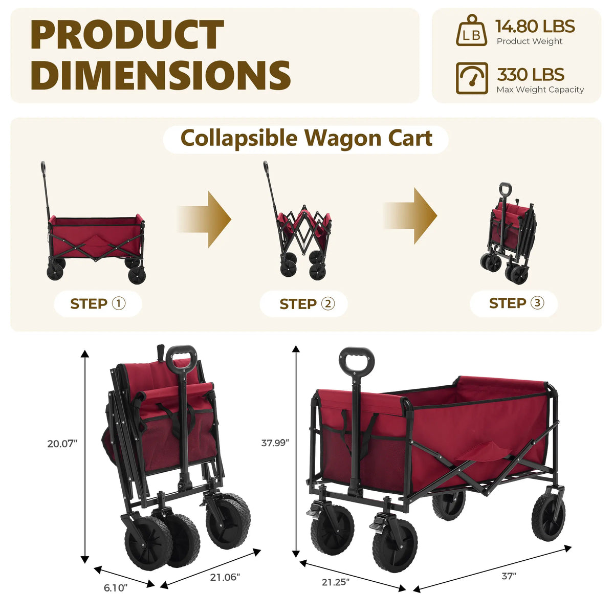 🔥🔥🔥Super Heavy‑Duty Folding Wagon, 300L Large Space 180KG Capacity Utility Cart with 7 Wheels for Camping & Gardening