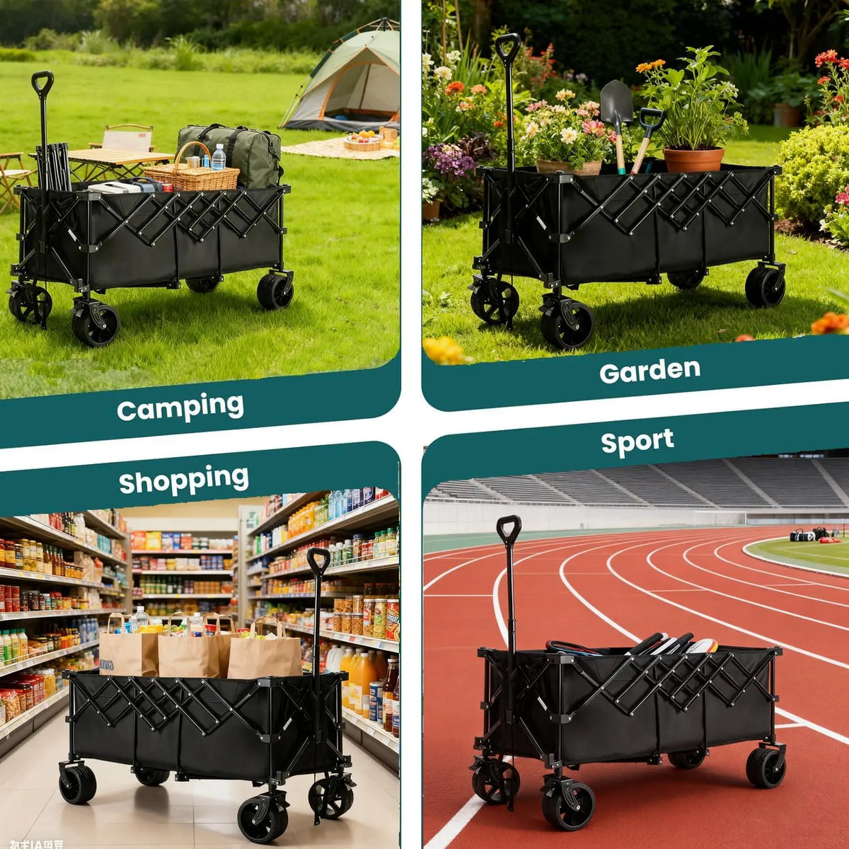 🔥🔥🔥Super Heavy‑Duty Folding Wagon, 300L Large Space 180KG Capacity Utility Cart with 7 Wheels for Camping & Gardening