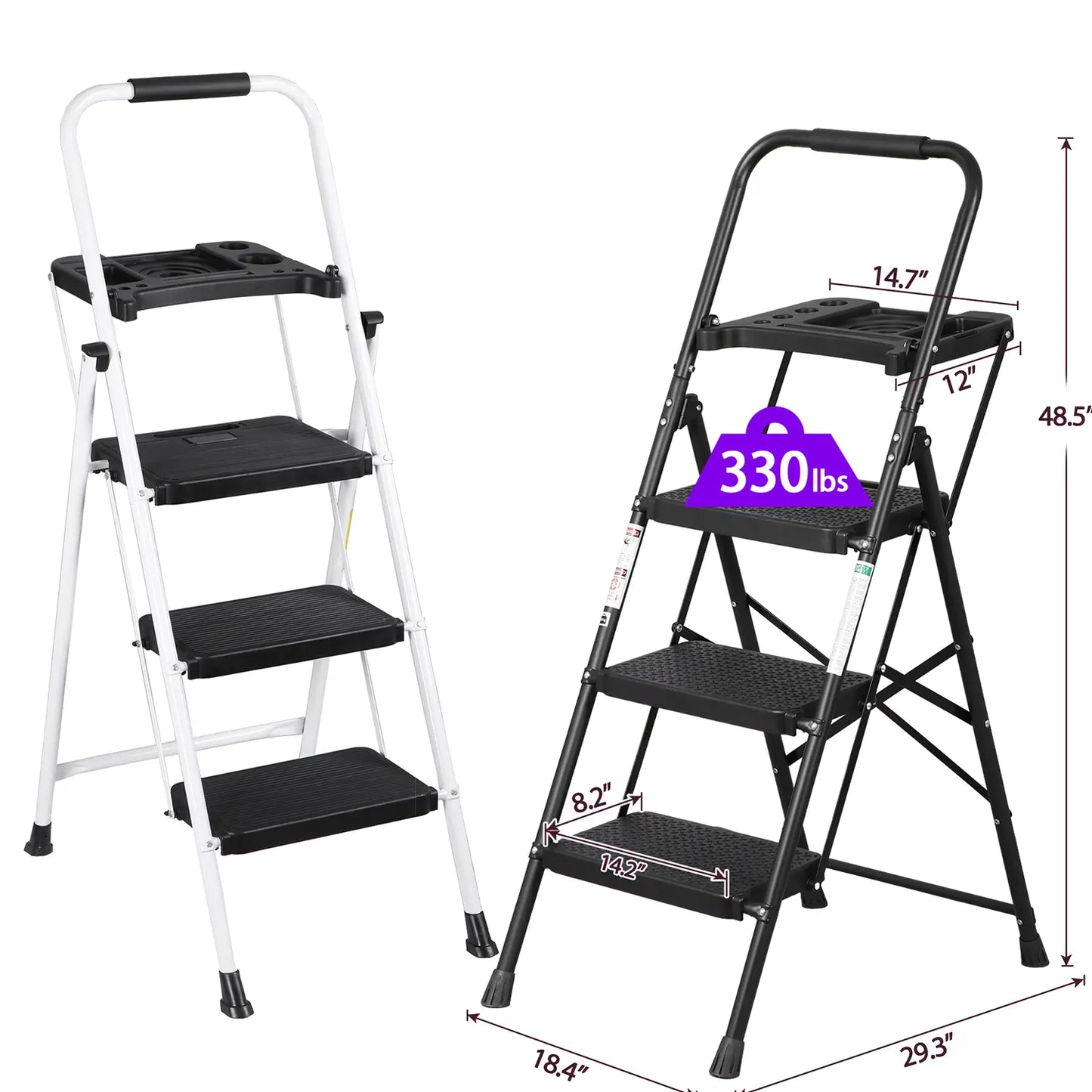 3/4/5 Step Folding Steel Ladder, Non-Slip Stool with Handrails & Tool Tray