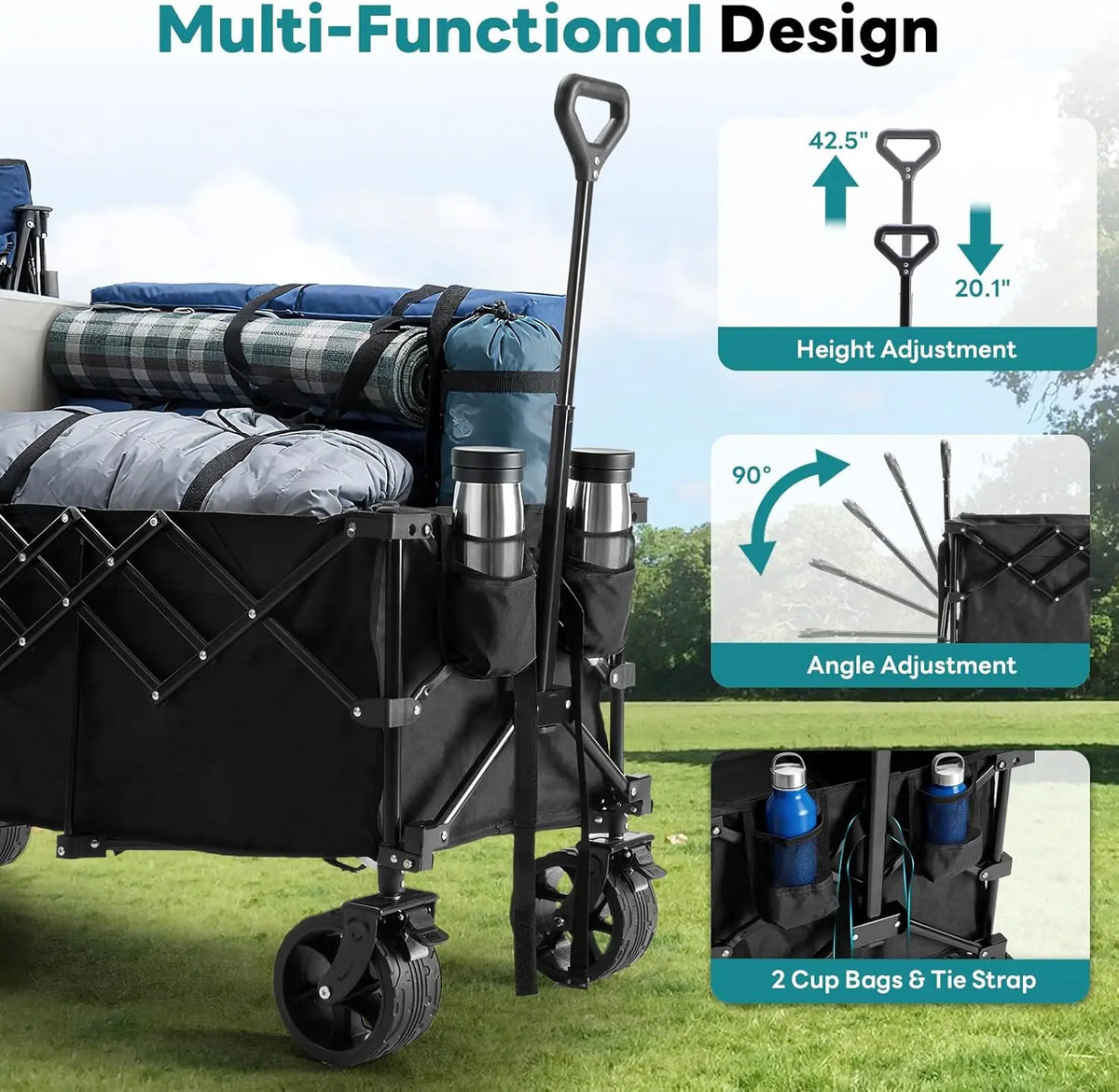 🔥🔥🔥Super Heavy‑Duty Folding Wagon, 300L Large Space 180KG Capacity Utility Cart with 7 Wheels for Camping & Gardening