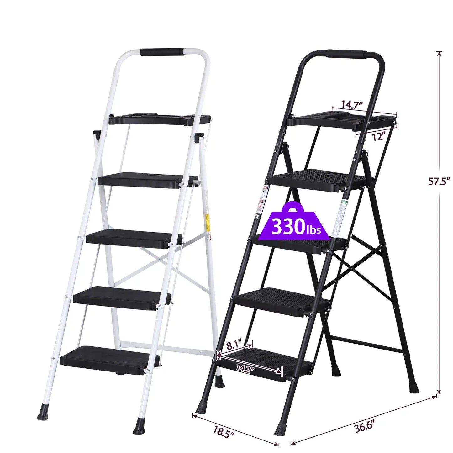 3/4/5 Step Folding Steel Ladder, Non-Slip Stool with Handrails & Tool Tray