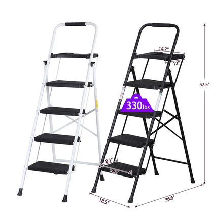 3/4/5 Step Folding Steel Ladder, Non-Slip Stool with Handrails & Tool Tray