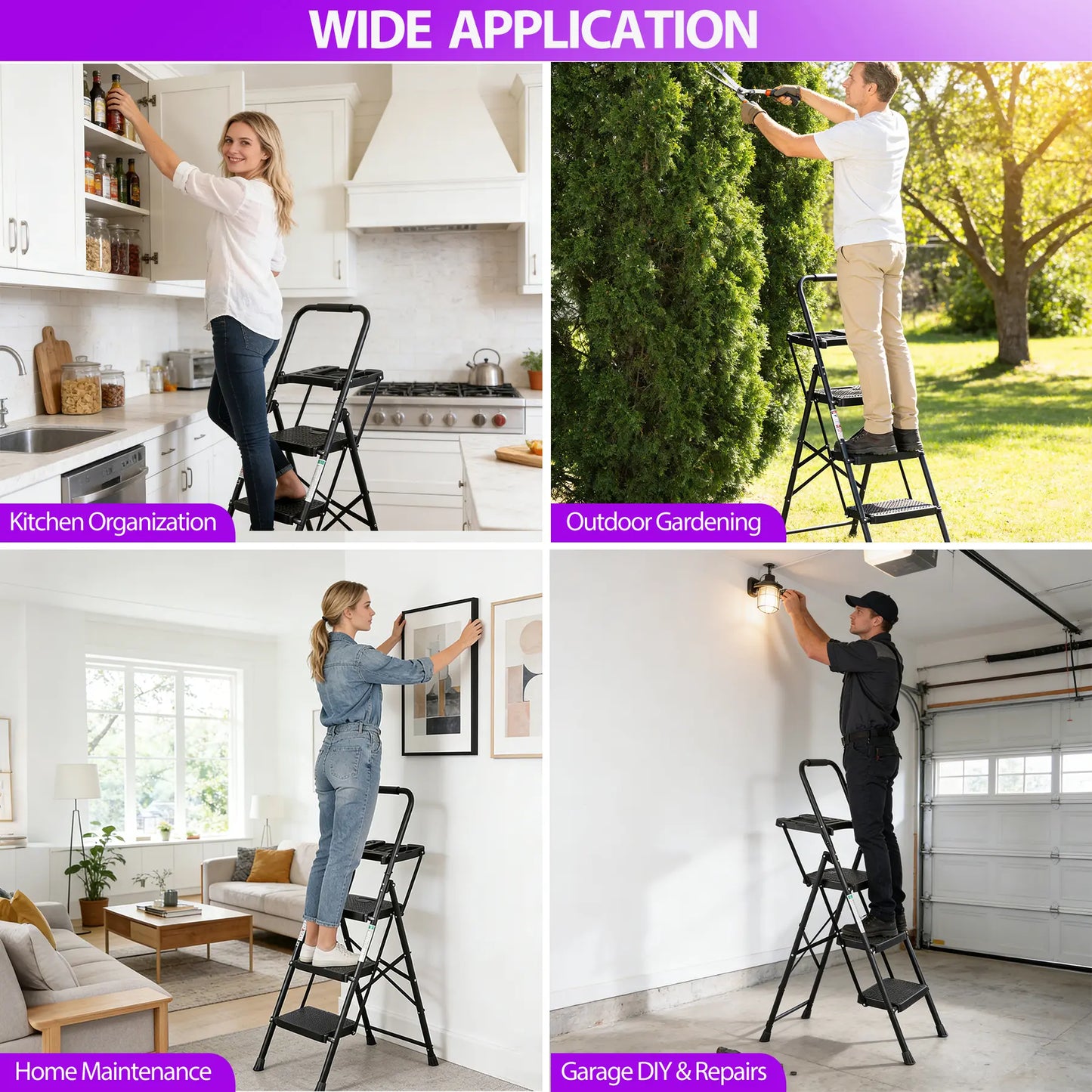 3/4/5 Step Folding Steel Ladder, Non-Slip Stool with Handrails & Tool Tray